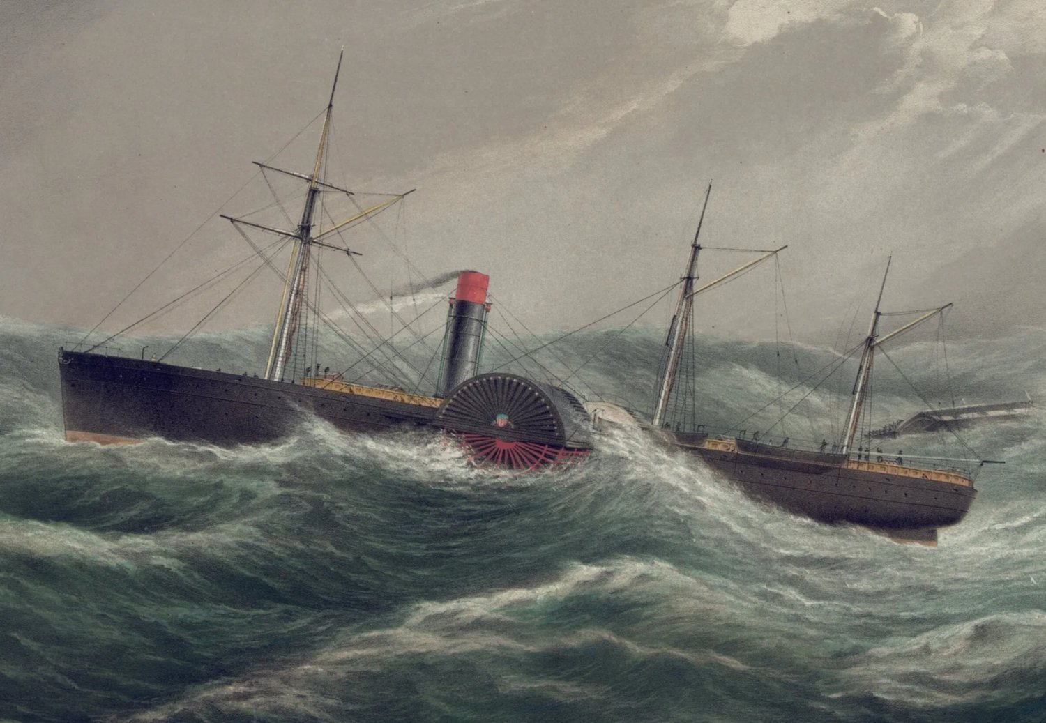A lithograph by Day & Son shows the steamship SS Pacific rescuing the crew of another ship during a heavy gale in December 1852. (Library of Congress)